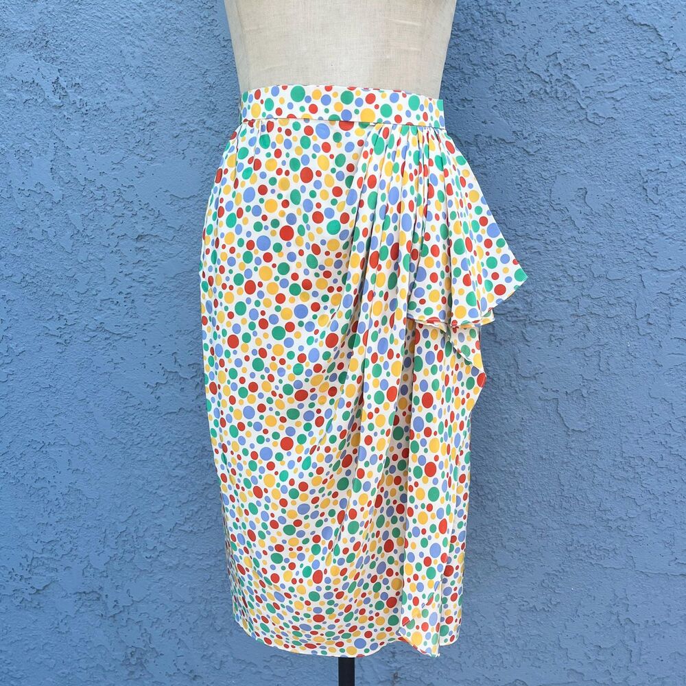 Silk Skirt by Oscar De La Renta 1980s Rainbow polka dot pencil